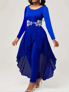 Women's 2 In 1 Asymmetrical High Low Hem Contrast Lace Skinny Jumpsuit, Long Sleeve Round Neck Elegant Chic Jumpsuit For Spring & Fall, Ladies Clothes For Party