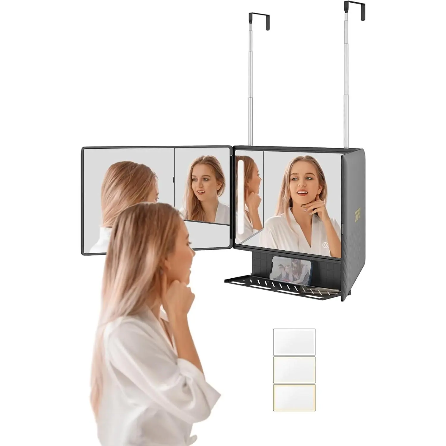 3 Way Mirror with Shelf and 3 Color LED Lights, Trifold Self Haircut 360° Mirror with for Makeup, Styling, Shaving, Braiding, Dye Hair (Black)