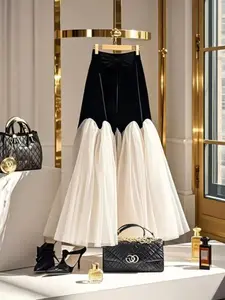 Women's Patchwork Skirt, Ruffle Trim Skirt, Fashionable Bow Decorated for Daily Wear, Elegant Women's Bottoms for Summer