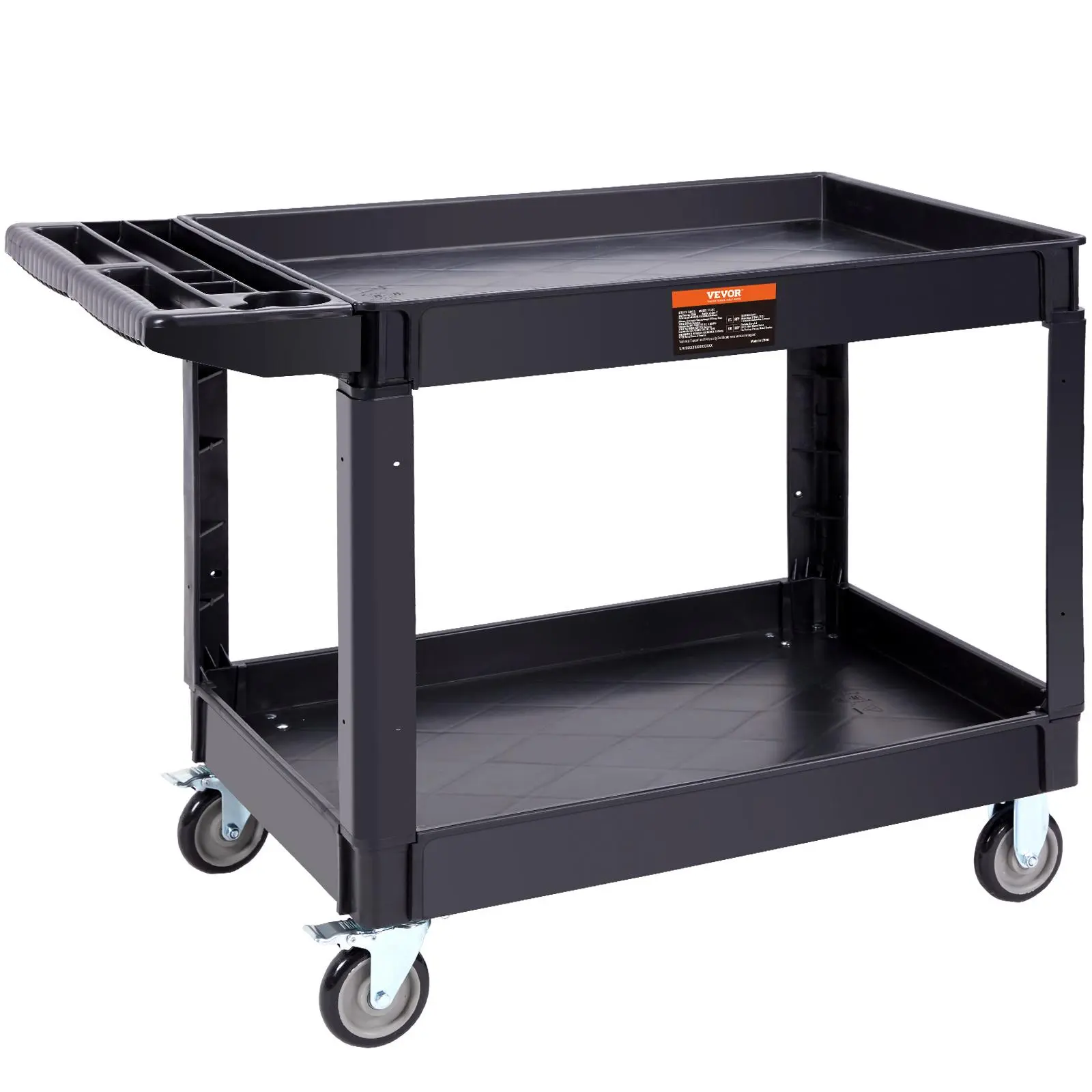 【Summerfinds】VEVOR Utility Service Cart, 2 Shelf 550LBS Heavy Duty Plastic Rolling Utility Cart with 360° Swivel Wheels (2 with Brakes), Large Lipped Shelf, Ergonomic Storage Handle for Warehouse/Garage/Cleaning