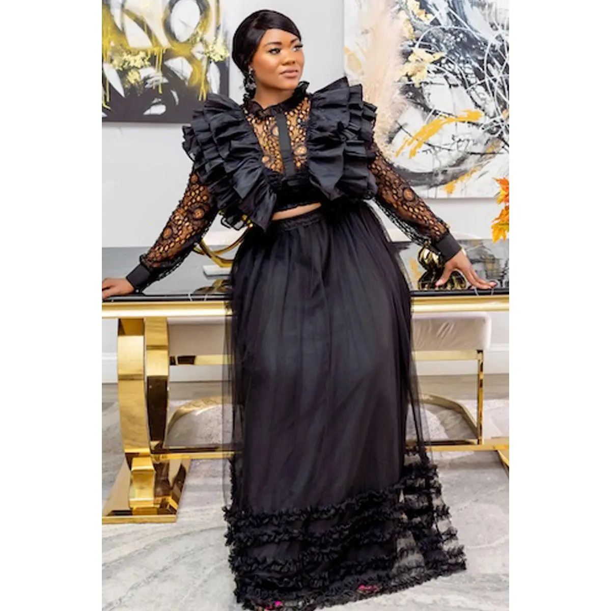 Princess Elegant Noir Ruffled Lace Ensemble