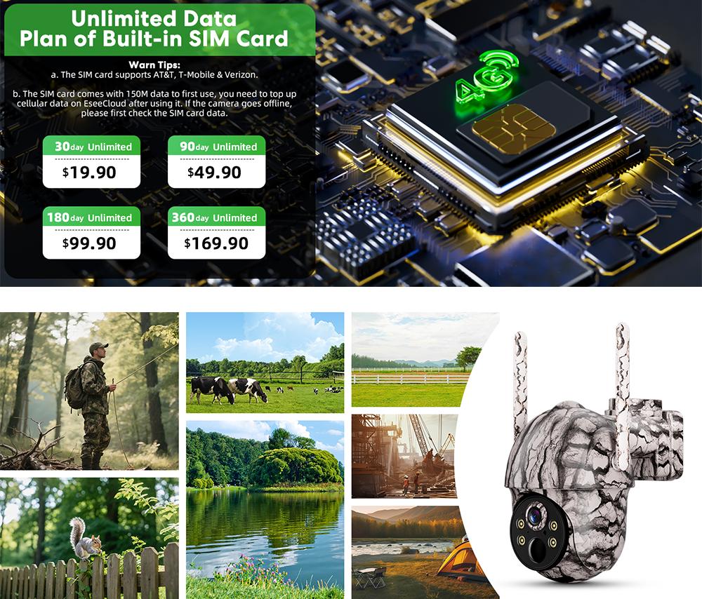 No WiFi Solar Camera 4G LTE Cellular Solar 4MP/3K Security Camera, No WiFi Required, Solar Cell Battary Powered Outdoor Camera, 360° View, AI Tracking,  Color Night Vision,  Built-in 4G SIM Card and SD Card