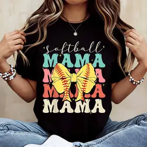Softball Mama T Shirt With Colorful Text And Baseball Bow Design For Mom And Family Softball Events