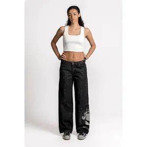Navari Women's Low-Rise Wide Leg Jeans with 5 Pockets Baggy Fit Acid Washed Black Denim & Anime Print Cotton Jeans All Seasons