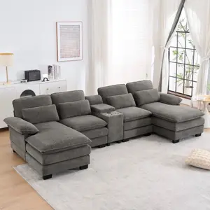 124" U-Shape Sectional Sofa Chenille Cloud Couch w/ Console Cup Holder Pillows