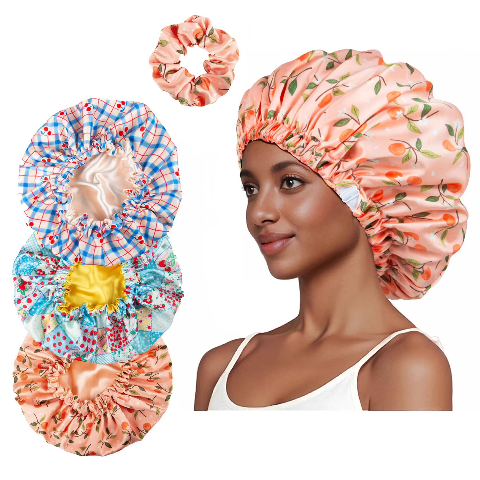 SeSe Code Double Layer Satin Bonnet for Haircare - Heatless Sleeping Hair Bonnet for Women Curly Natural Hair (Includes Bonnet + Satin Scrunchies)