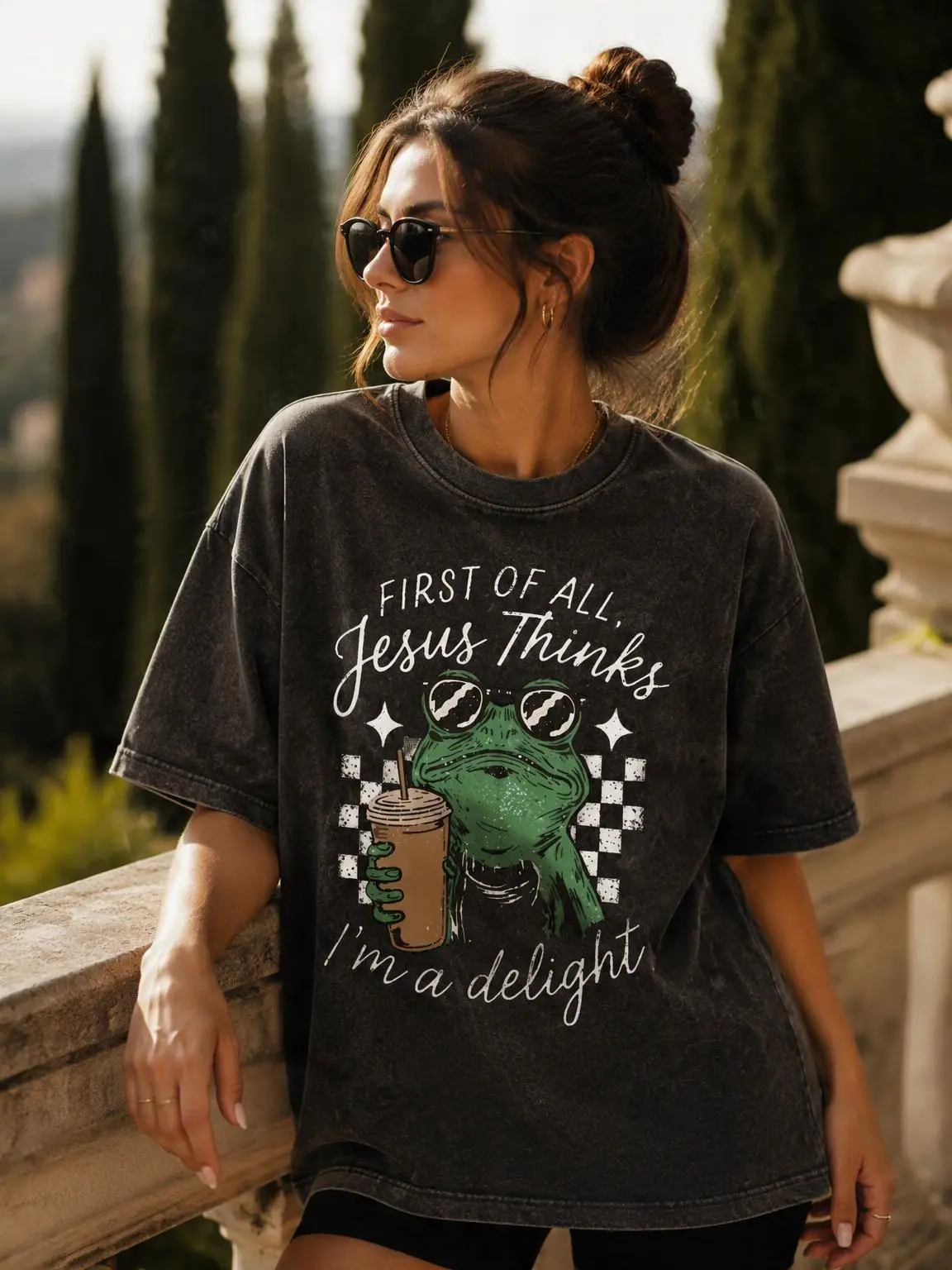Women's Short-Sleeve Breathable Graphic Print Top - Vintage Oversized Christian Shirt with Jesus Thinks I'm A Delight, Cute Frog & Iced Coffee Designs