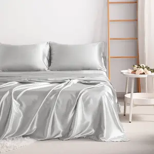 Bedsum 3/4 Pieces Satin Bed Sheet Sets, Luxury and Silky Flat Sheet & Fitted Sheet & Pillowcase with Solid Colour for Home Decor