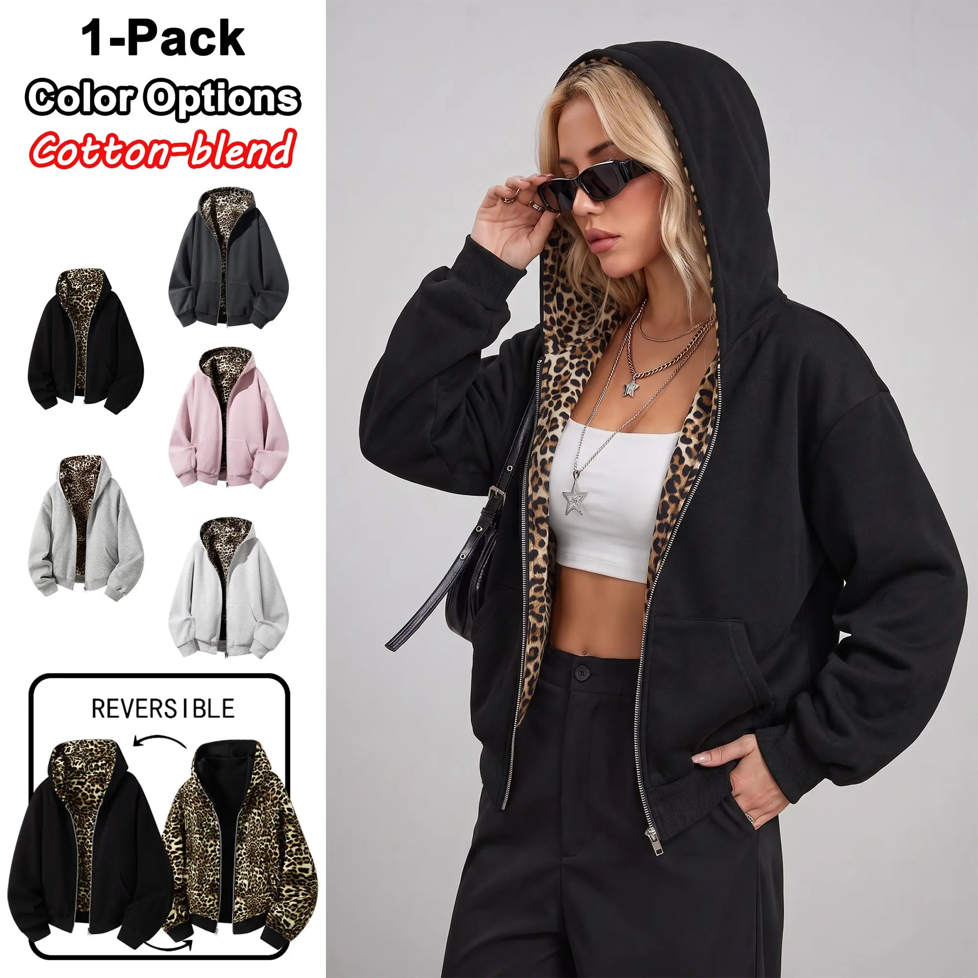 Women’s cotton-blend zip-up leopard-print hoodie, couples’ style reversible loose athletic sweatshirt, casual versatile street-style top suitable for everyday wear