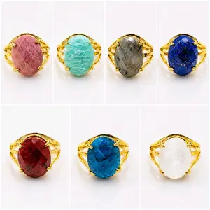 Gold Plated Adjustable Natural Crystal Rings - Featuring Rhodonite, Amazonite, Labradorite, Lapis Lazuli, Blue Apatite & Moonstone