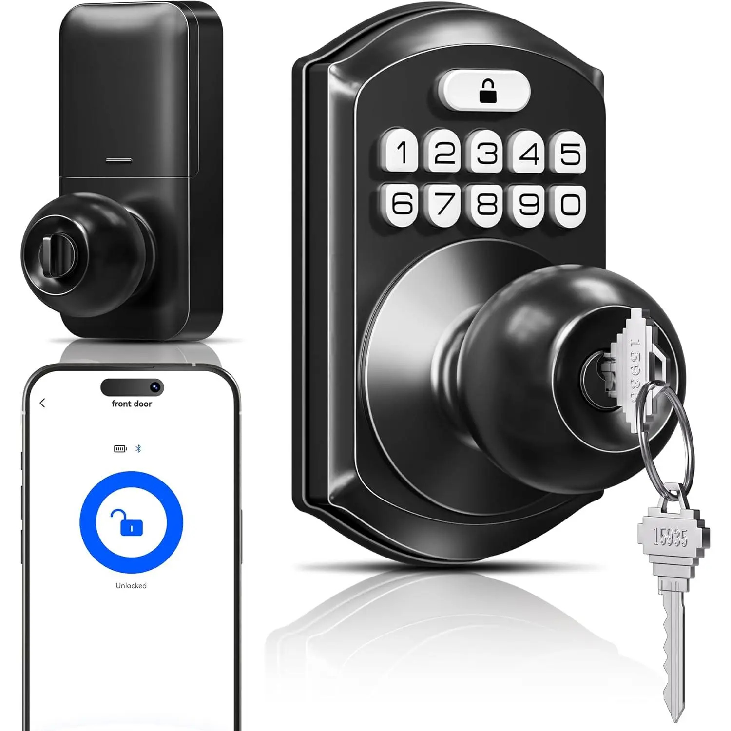 TE018  Door Knob with Keypad, App Control, Keyless Entry Digtal Door Lock with Handle, Remote Share -Time Code, Auto Lock, Easy Installation for Front Door, Bedroom, Rental, Matte Black