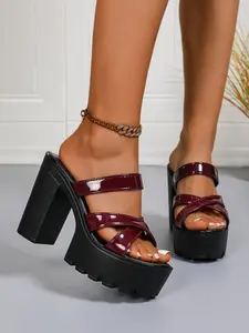 Women's Fashion Stylish High Heel Sandals, Open Toe, Chunky Sole, Slip-On, Heel Height 11.5cm, PU Leather, Plain Pattern, Casual Style