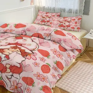 Strawberry Shortcake Comforter Set (Including 1 Bed Duvet Cover and 2 Pillowcases), Cute Cartoon Girl Pattern Bedding, Flower Printed Bedding, Kids and Young Adults Bedroom Decor, Cute Cartoon Design