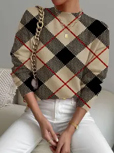 Women's Plaid Print Stand Collar Short Knitted Sweater, Fall Winter Casual Long Sleeve Knitwear, Comfortable Warm Daily Wear, Elegant Design