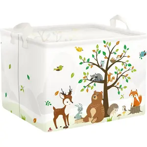 Woodland Animals Bear Fox Raccoon Tree Baby Gift Storage Basket Large Deer Owl Collapsible Rectangular Shelf Basket Cute Clothes Towel Toy Book Storage Bin for Nursery