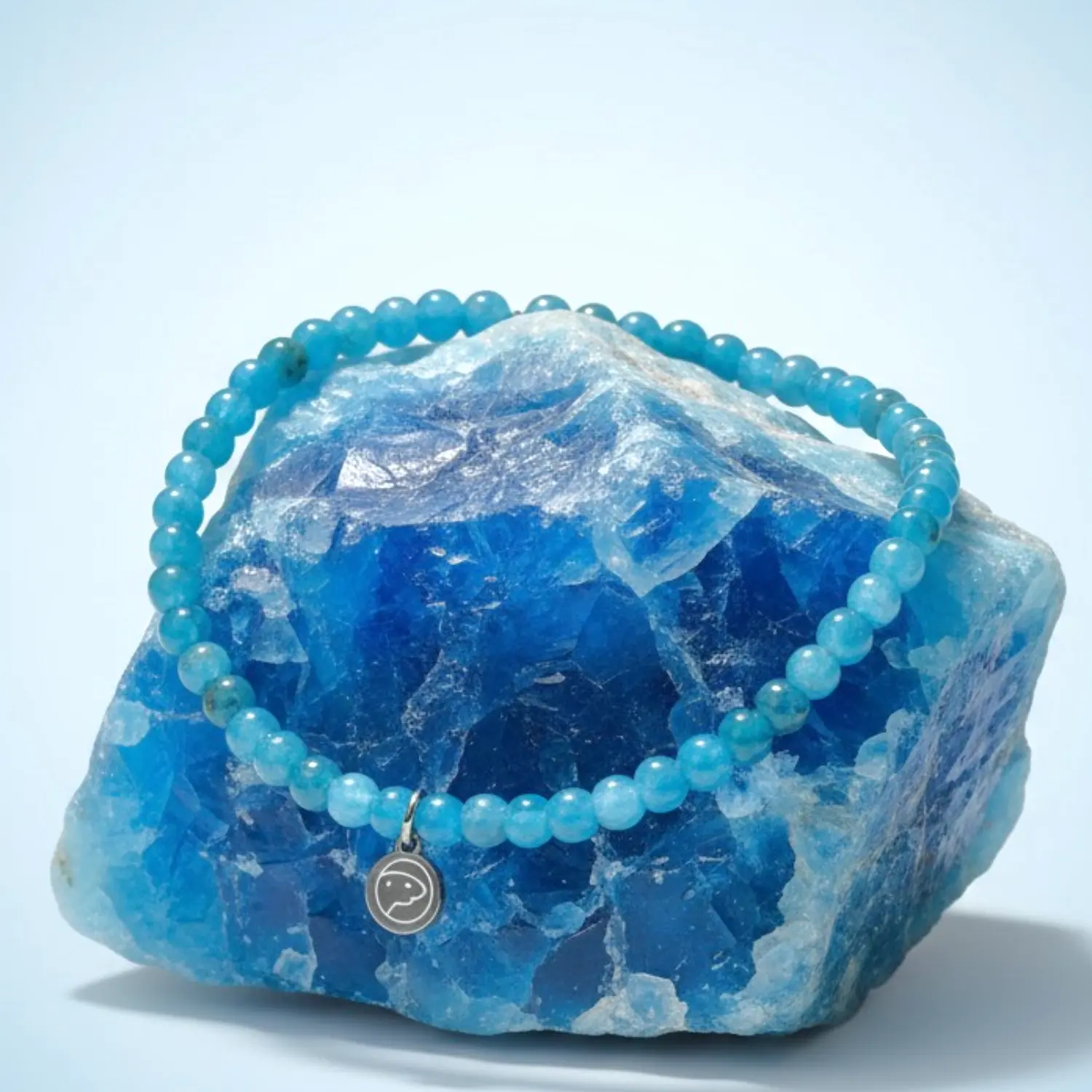 Women's Unisex 4mm Round Natural Crystal Jewelry Blue Apatite Bracelet - Sterling Silver Otter Spirit Charm, Third Eye & Throat Chakra, Intuition, Communication, Manifestation, Adults