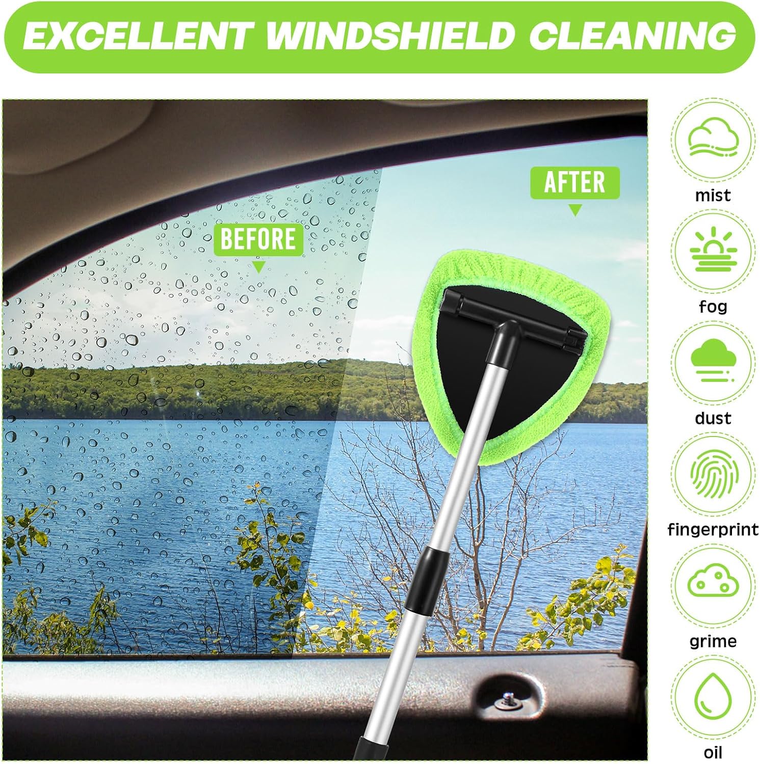 Windshield Cleaner Tool, Car Interior Detailing Cleaning Kit with Extendable Handle and 5 Upgraded High-Density Reusable Microfiber Pads, Auto Glass Wiper Brush Kit for Cars																	
