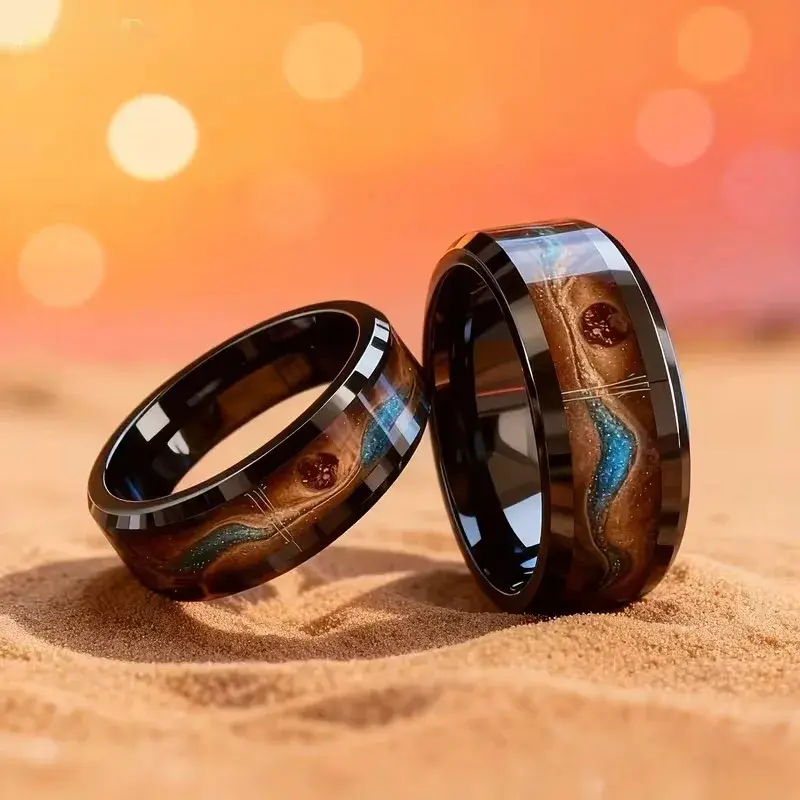 Fashion 8mm Men Stainless Steel Rings, Black Color Brushed Carbonized Sand Inlay Rings for Men, Wedding Jewelry Christams Gift