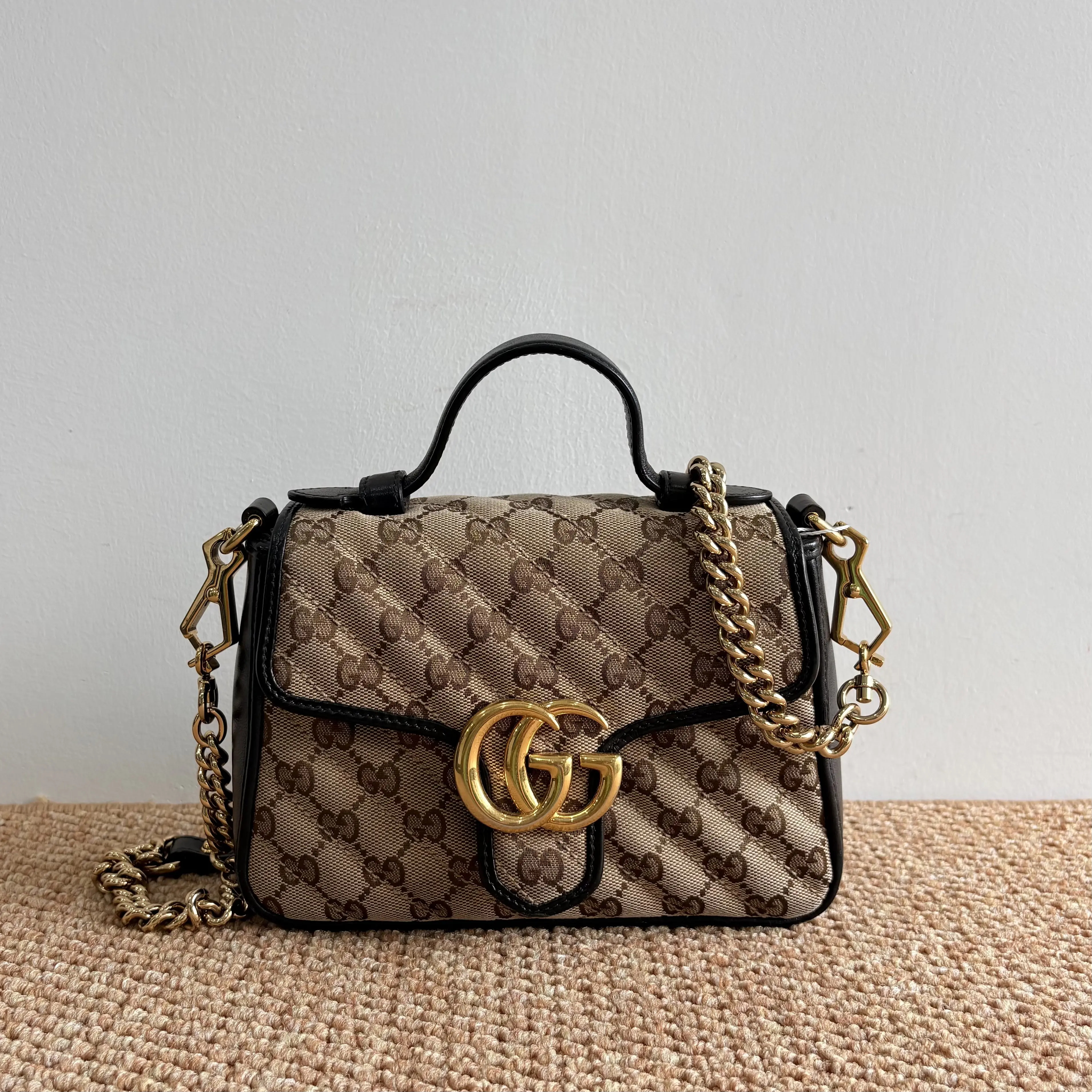 Pre-owned GUCCI Authentic GG Marmont Mini Top Handle Bag GG Supreme Quilted Chain Crossbody Shoulder Purse Bag