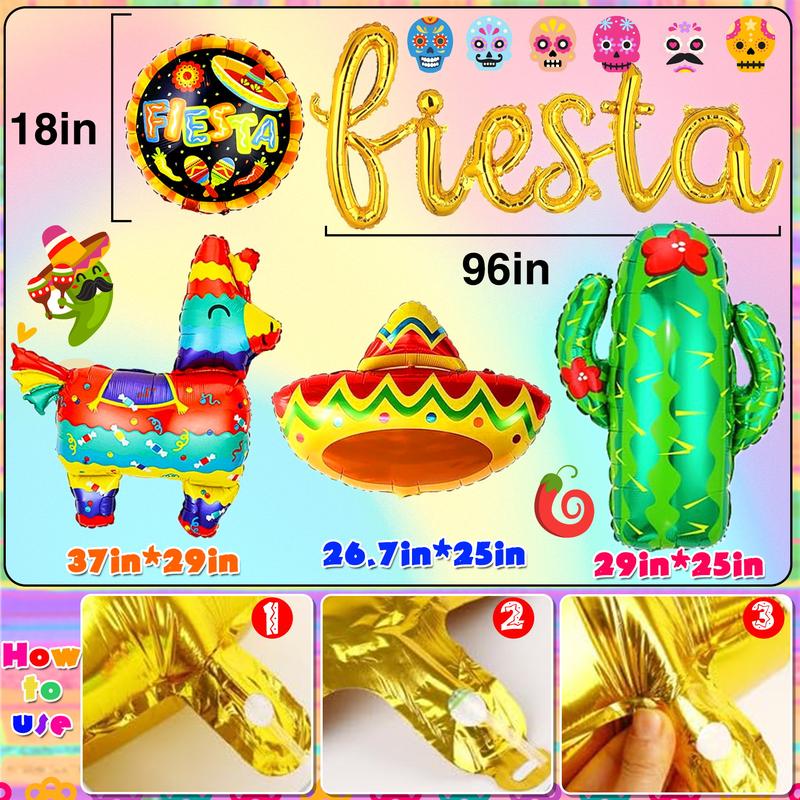 135pcs Fiesta Party Decorations，Mexican Party Decorations, Plastic Papel Picado Banner Cinco de Mayo Decor Day of the Dead Decorations，Fiesta Mexican Party Table Decoration Centerpiece，Taco Llama Cactus Balloons，Paper Streamer for Dia De Los Muertos