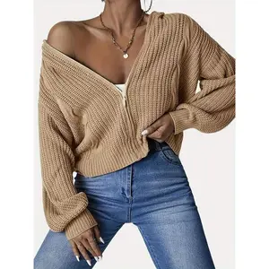 Women's Plain Zip Up Hooded Cardigan, Casual Long Sleeve Cable Knitting Outerwear, Cardigan for Women, Clothes for Women, Trendy Clothes, Oversize