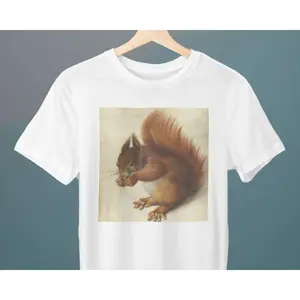 Men's squirrel artwork Graphic T-Shirt - Short Sleeve Crew Neck Regular Fit Casual Wear | Soft & Breathable Fabric, Durable Print, Everyday Comfort, Machine Washable, realistic painting a red squirrel depicted in a classical artistic style, sitting and