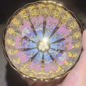 Gilded Jianzhan Bowl with Floral & Bird Motifs Porcelain Handmade Tableware for Tea Ceremony Decorative Artistic Craftsmanship Traditional