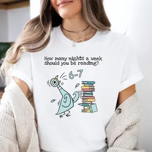 Pigeon 6-7 Reading Graphic Youth Tee, Book Lover Librarian T-Shirt for Men, Women and Kids