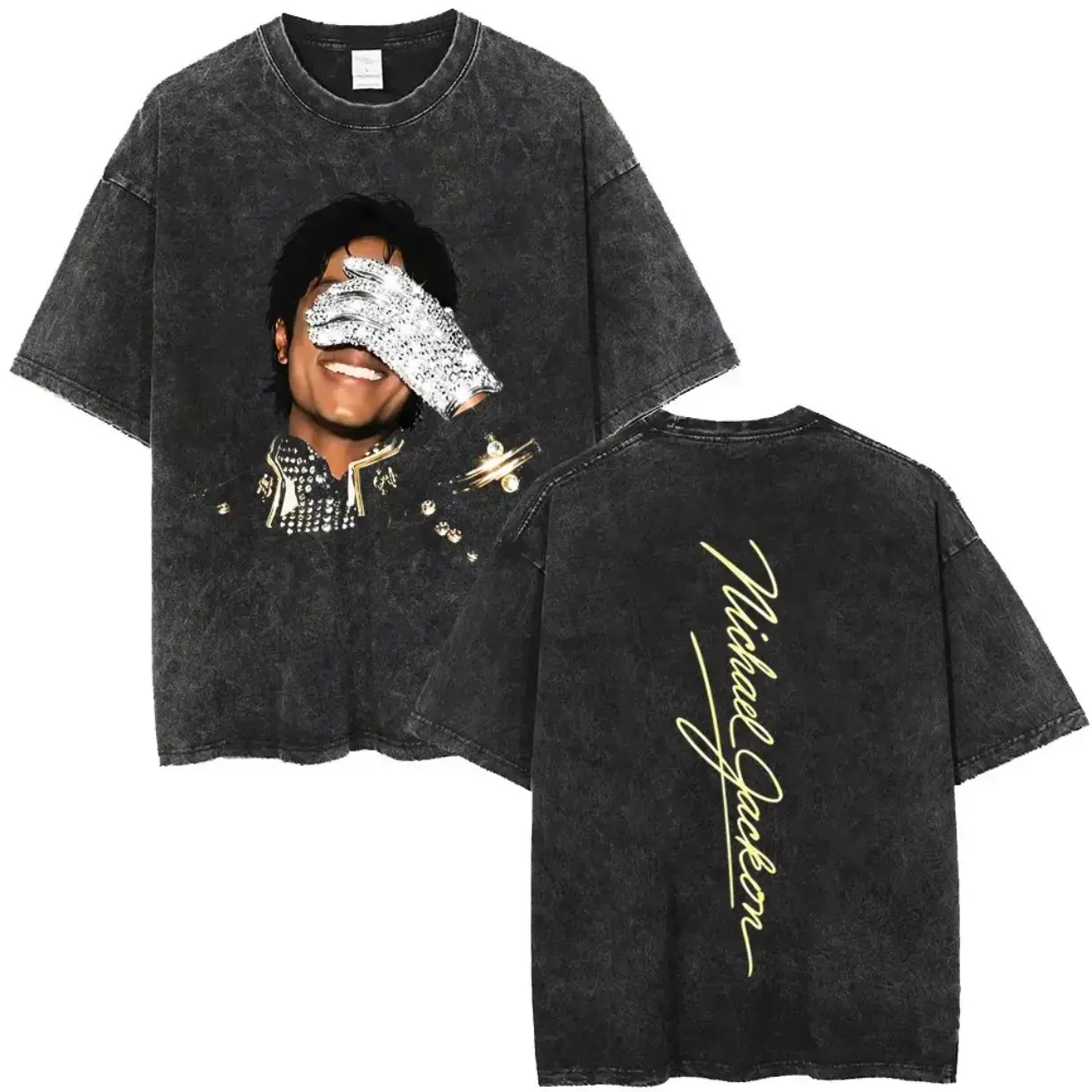 Menswear Michael Jackson Face Graphic Short-Sleeve T-Shirt, Vintage Washed Oversized Casual Stretch Cotton Hip Hop Streetwear, Retro Gothic Rock Summer Fabric Top