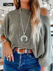 Women's Striped Boat Neck Batwing Sleeve Oversized Knitted Blouse Shirts, Casual Half Sleeve Top for All Seasons, Perfect for Daily Wear