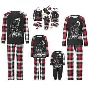 Matching Christmas pajamas for family, letter snowman print long-sleeve tops and plaid pants sleepwear set | Cozy home clothes for Christmas Eve family time and holiday photos