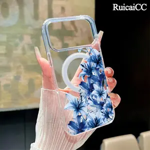 Blue Lily Branches Pattern Magnetic Phone Case for iPhone 15 Plus 17 16 Pro Max Air 14 13 12 11 Transparent Shockproof Soft Premium Stylish Durable Protection Case