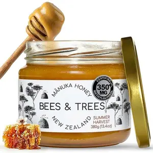 Bees & Trees Manuka Honey 350+ MGO - Raw Pure New Zealand Monofloral Honey – Unpasteurized & Natural Unfiltered Manuka for Tea, Coffee, Dressings, Smoothies & Daily Use – Glass Jar, 380g (13.4oz)