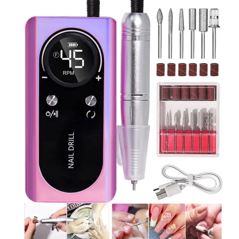 2025 New V4 Rechargeable Nail Drill Machine - 45000RPM, LCD Display, Low Noise Professional Manicure Kit with Smoothing Sander for Acrylic Nails