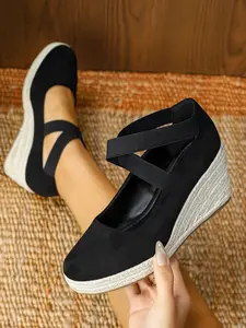 Women's Cross Strap High Heel Sandals, Woven Straw Wedge Design Shoes, Outdoor Vacation Footwear, Peep Toe Plaid Pattern, Wedge Heels