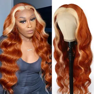HD Transparent 13x4 Lace Front Remy Hair Wigs P4/27 Highlight Raw Brazilian Body Wave Pre Plucked Human Hair Wig 180 Density Ginger Blonde Lace Frontal Wigs For Women
