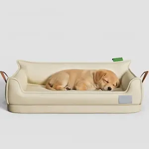 ColourTree Beige Leather Dog Bed Sofa, Orthopedic Dog Bed Small,U-Shaped Bolster Pet Couch with Removable Waterproof Cover,Non-Slip Bottom