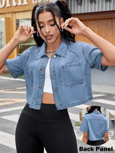 Women's Classic Pocket Denim Top, Casual Daily Wear, Non-Stretch Jean Shirt, Comfortable and Stylish, Perfect for Everyday Use