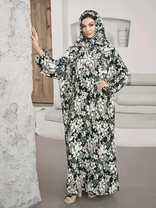 Women's Floral Print Batwing Sleeve Hooded Arabian Dress, Modest Zipper Design Long Sleeve Hooded Dress for Muslim, Ladies Islamic Clothing for All Seasons