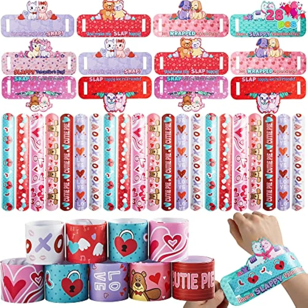 28 Valentine's Day Gifts Cards with Slap Bracelet, Animal Heart Snap Bracelet Wristband for Kids, Valentine's Party Favors, Classroom Exchange, Game Prizes