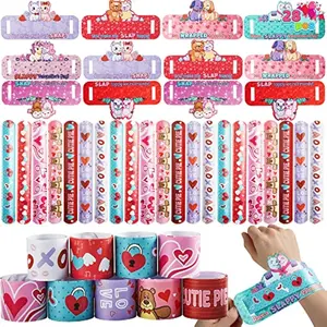 28 Valentine's Day Gifts Cards with Slap Bracelet, Animal Heart Snap Bracelet Wristband for Kids, Valentine's Party Favors, Classroom Exchange, Game Prizes