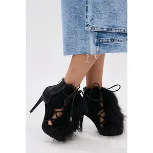 AZALEA WANG SHAINY BLACK FUR SANDAL