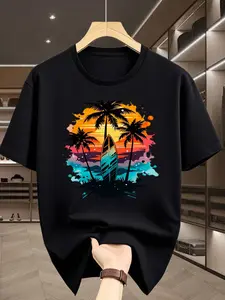 100% Cotton Men'S T-Shirt Featuring a Vintage Beach Style with a Sunset Graphic of Surfboards And Palm Trees, Perfect for a Trendy Look