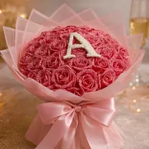 Pink Glitter Bouquet Flowers, Artificial Decorative Arrangement for Home Party Decor