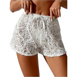 SwimWeekWomen's Cover Up Shorts Hollow Out High Waist Bikini Bottoms Drawstring Beach Coverups Bathing Suit Swimsuit Bottom