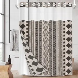 1pc hookless shower curtain with buckle lining, black and white geometric stripe patchwork design, 2D flat printing, fabric waterproof lining, see-through double-layer shower curtain, 71 x 74 inches, modern home draping curtain, Shower Curtain Liner