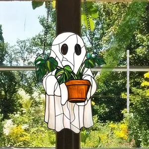 Halloween Cute Ghost Acrylic Sunlight Catcher Hanging Sign, Indoor Outdoor Home Garden Decoration, Fun Halloween Decor for Yard & Patio, Ghost Ornament