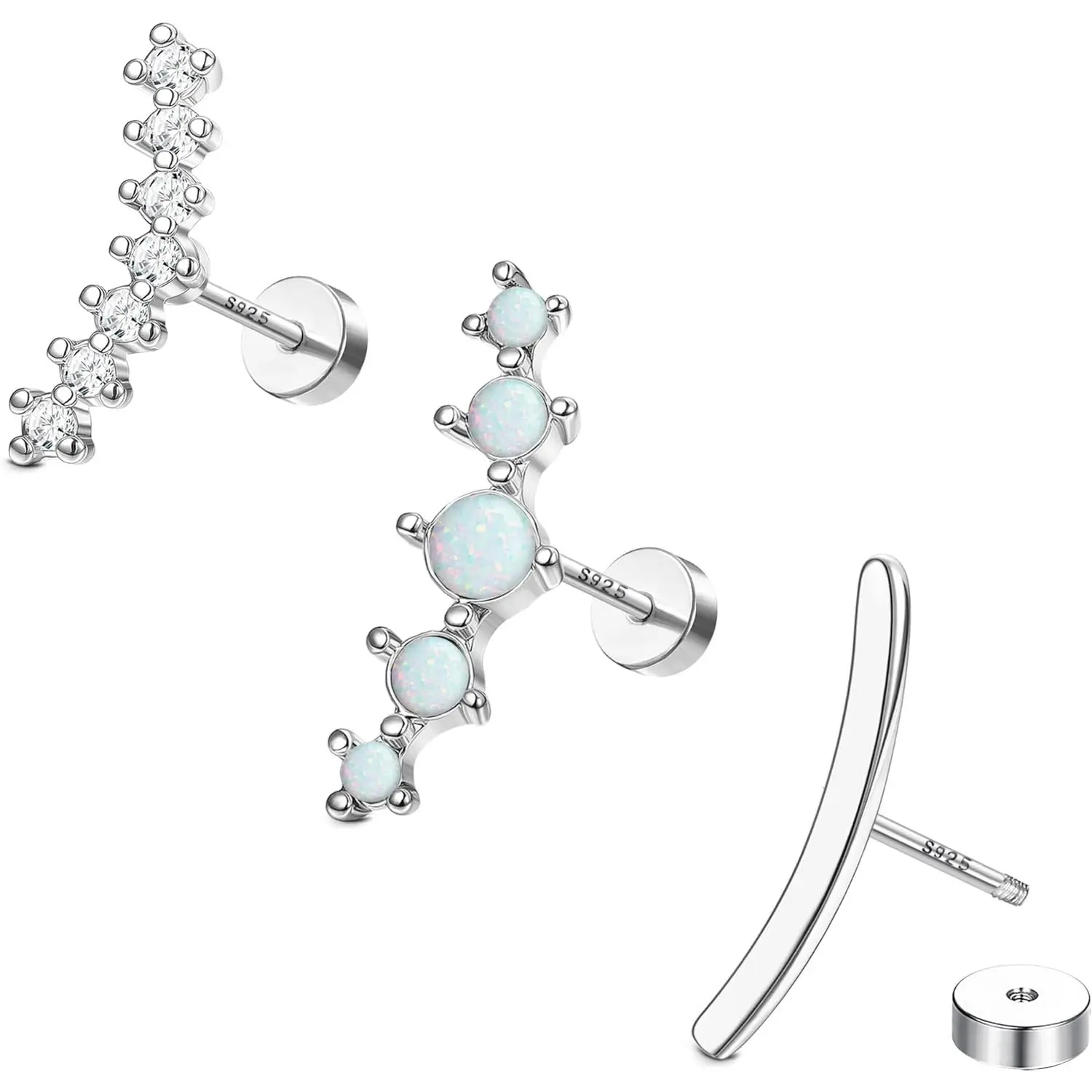 MILACOLATO 3PCS 16G 925 Sterling Silver Post Cartilage Earrings for Women 18K White Gold Hypoallergenic Flat Back Earrings Opal CZ Stud Earrings Cartilage Conch Helix Piercing Jewelry, Studs Earrings, Opal Cz Studs