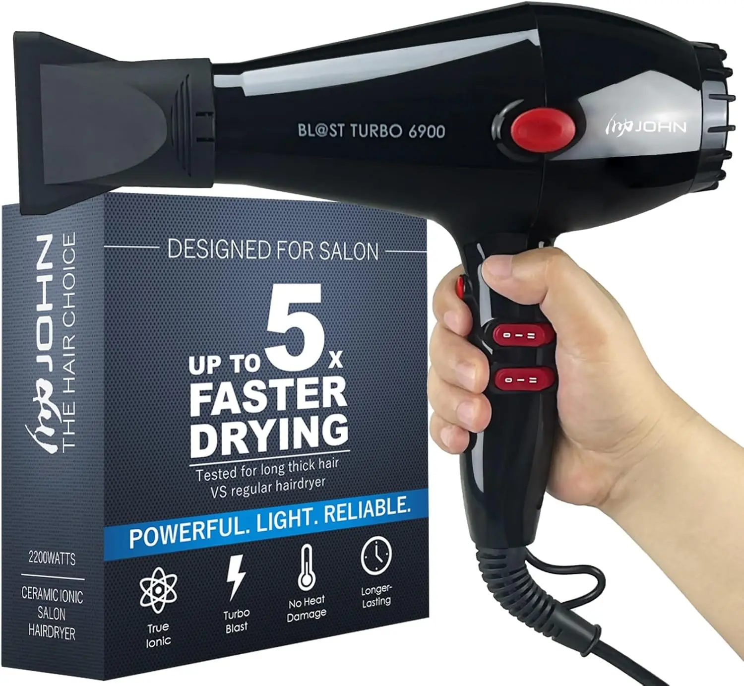 John 2200W Professional Ceramic Ionic Hair Dryer with Ionizer, Fast Drying, Turbo Blast 6900, Cooling Function, Hair Styling Tool, Black, Concentrator