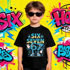Kid's T-shirt  SIX SEVEN 67 gesture robot number character mecha  lightning fun 100% cotton pattern T-shirt for boys and girls  toddler cartoon T-shirt, teen boy clothing gift G-31